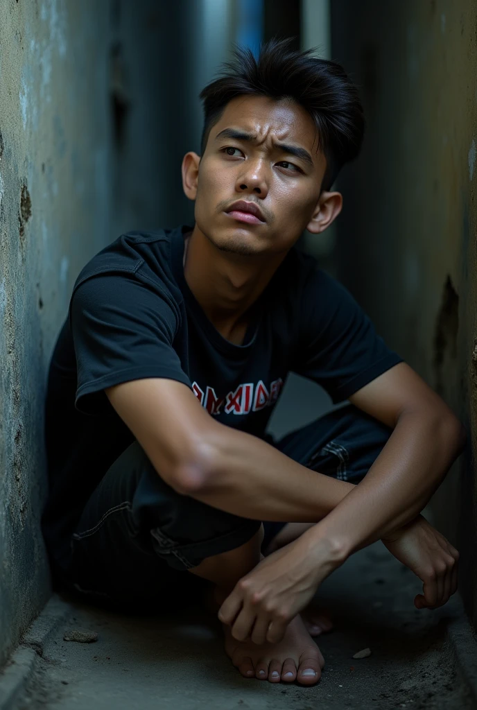 Original photo. An Indonesian young man wearing a black Iron Maiden t-shirt with a crying expression sitting in the corner of a narrow alley. Ultra-realistic 8K photo, taken with Leica Q2, strong color contrast and sharp clarity --ar 9:16 --quality 2 --
