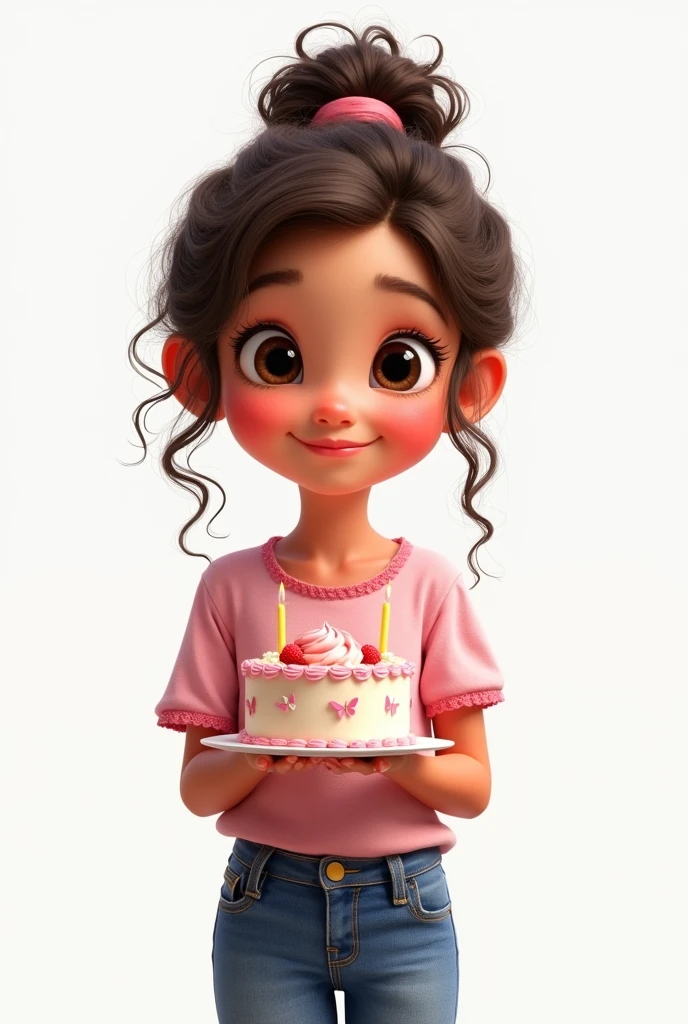 Disney-like image of a girl with big brown eyes, curly hair tied in a braid, holding a cake. She wears jeans and a pink blouse with a butterfly print.. There is a sign on one side that says congratulations from Abigail Carbajal. The background of the image is white