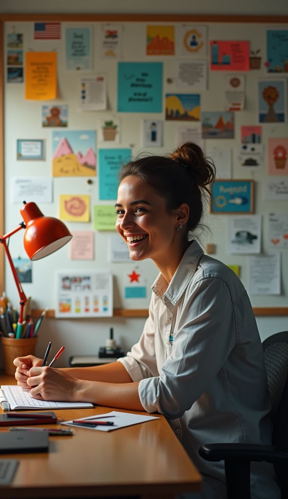 A person working diligently at a desk with a vision board above them, filled with images of their dreams and goals, and a confident smile on their face.