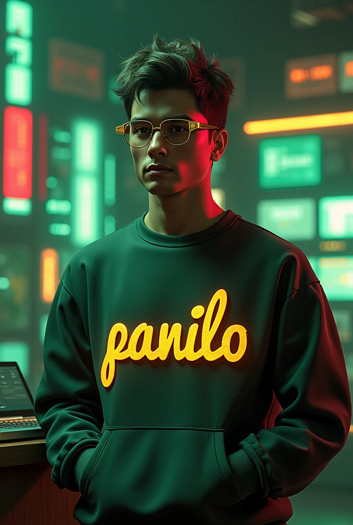 My nickname PANILO IN LARGE 3D LETTERS IN GOLDEN CURSES All purple.
With a death and straw diamond glasses with a realistic sweatshirt Mexico. hacker theme and green red and white cyberpunk MATRIX with a laptop and gps