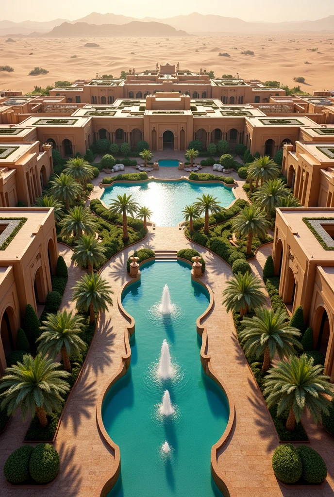 So big desert traditional resort with so many villas and room in it also two big halls in the center of the resort with out water pools and fountains