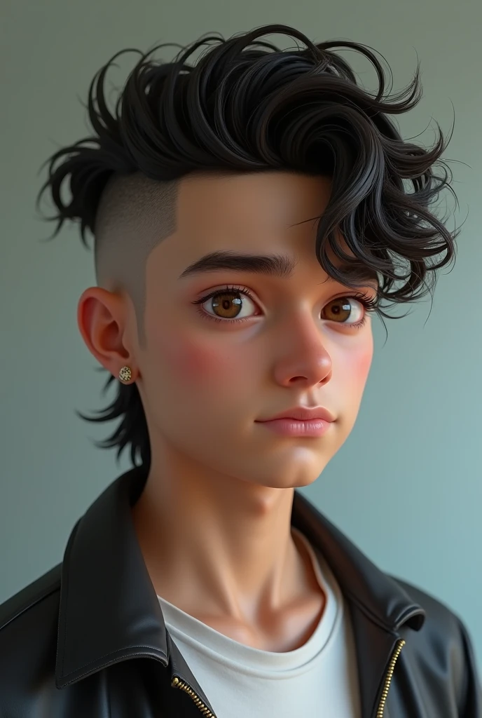 A man with curly hair, 小柄, shaved on the side in gradient, black color, in mullet cut type,white skin color and teenager, eyes browns