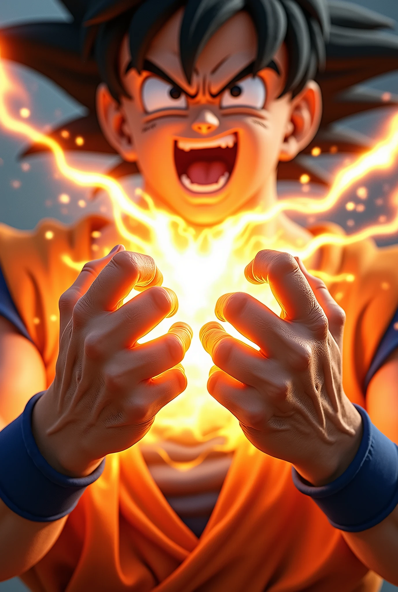 very super close-up image of the hands of Son Goku\(Dragon Ball\(manga\), muscular,shouting,angry\) ,pose of Kamehameha, shooting a beam from hands,realistic art style, generate only hands, screenshot of the action movie,focus on hands