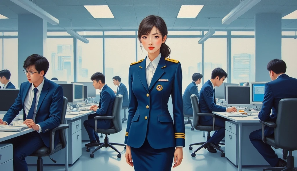 A stunning oil painting of a scene beautifully portraying, In a bustling government office, a young beautiful Korean woman, newly appointed as a government officer, stands confidently in her crisp official uniform. Surrounded by her colleagues, she engages in animated discussion, her expression a blend of enthusiasm and determination. Her uniform, neatly pressed and adorned with insignia, symbolizes her new role. The office environment is busy, with papers and computers scattered across desks, highlighting the dynamic and professional atmosphere as she integrates into her new position. The painting exhibits a dream-like, impressionistic style, with visible brushstrokes that create a sense of depth and texture. The color palette primarily consists of light blue, greys, and blacks, evoking a enthusiastic atmosphere. wide shot view.  talking to her colleagues