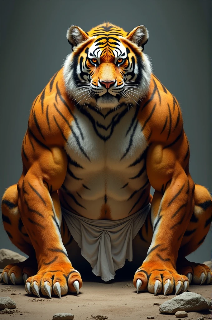 animal、Male tiger、Muscle body、Sitting on the ground showing his feet, Very long、There is a lot of chest hair、Long armpit hair、A huge bulge appeared at the crotch of the loincloth,looming and,White loincloth、