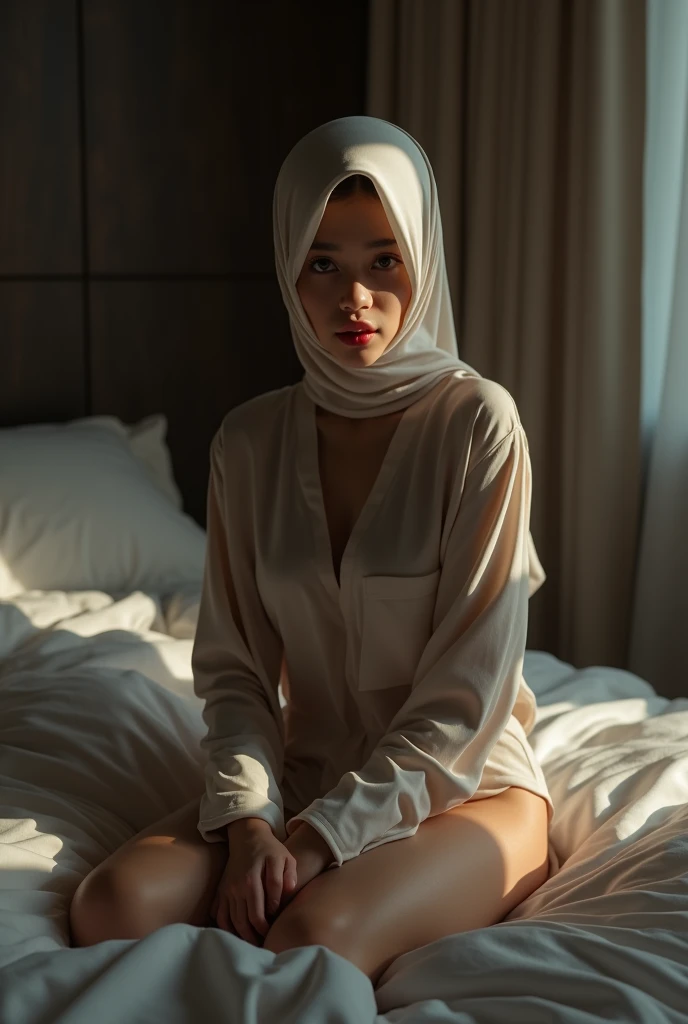 beautiful and sexy Indonesian girl aged 25 years with clean white skin and a hijab sitting naked on the bed in a hotel room