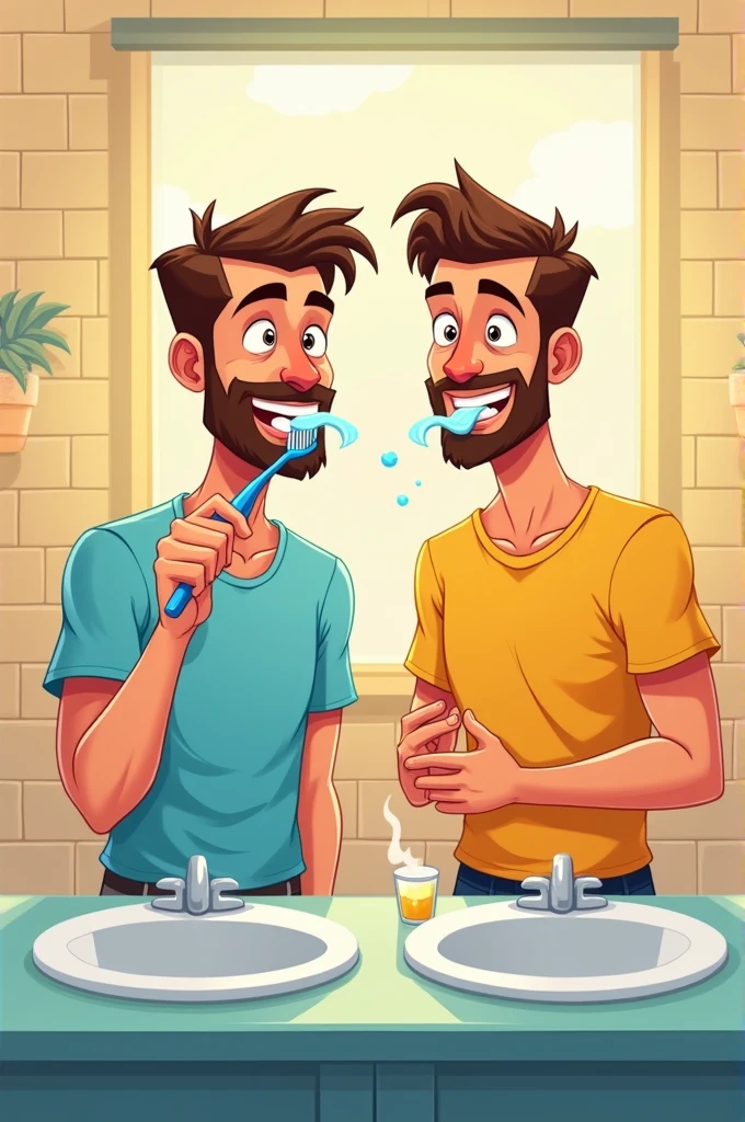 cartoon style:1.2 gay men brushing their teeth 