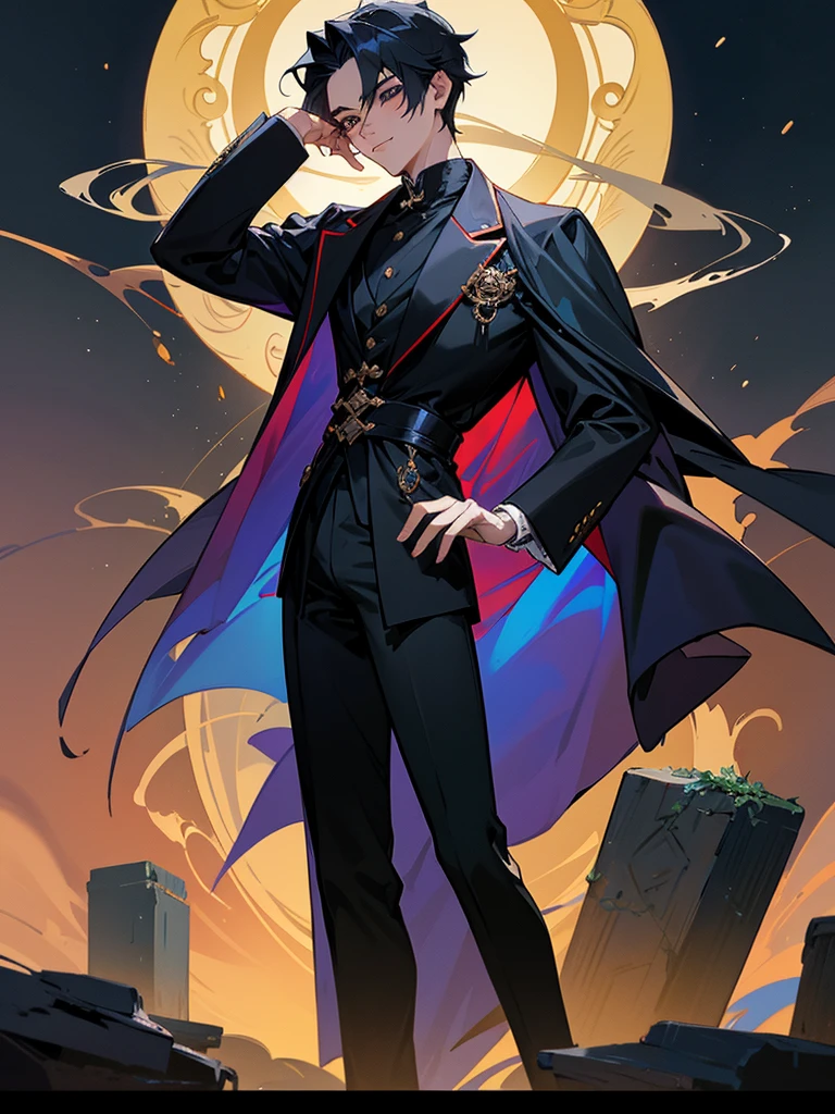Create the image of a young boy of 20 years, Thai, handsome, who has silver and bright eyes, he is a sorcerer, from the narix up he wears a black mask and wears black gala clothes, behind him, rising in the night, has a Victorian mansion of stone. NIGHT SCENE  