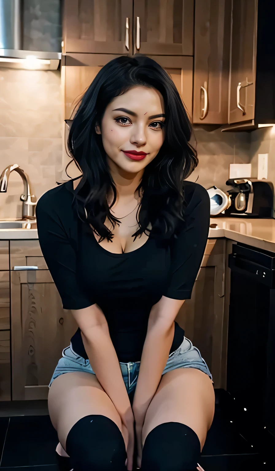 Indian cute girl ,with friends,full body,kitchen,realistic photo,black hair, hair bobbles, yoga,wince, longeyelashes, solid circle eyes, light smile, ear blush, fang, ccurate, Surrealism, drop shadow, anaglyph, stereogram, tachi-e, pov, atmospheric perspective, 8k, super detail, best quality 4k,
