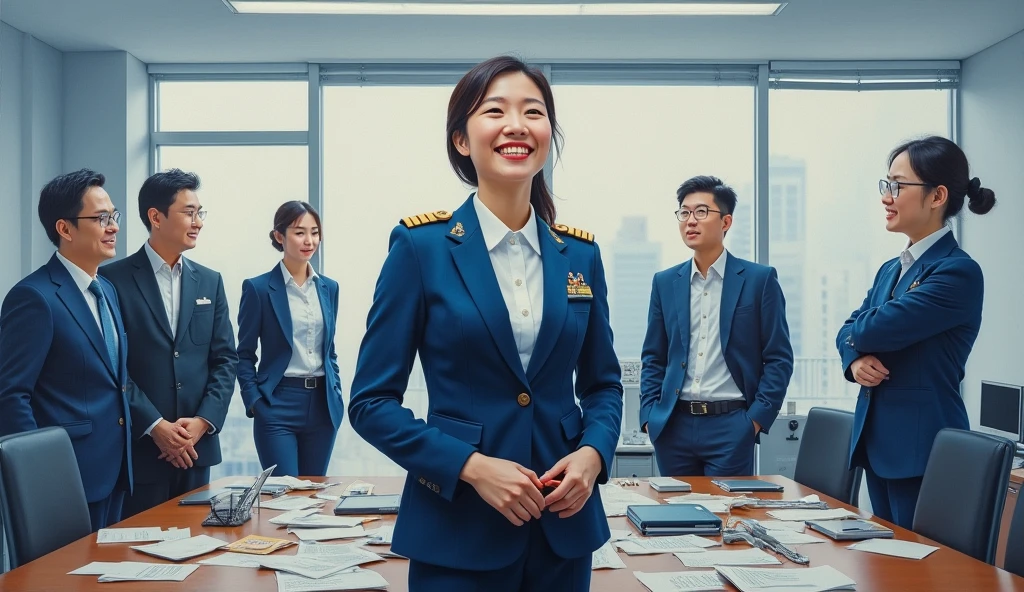 A stunning oil painting of a scene beautifully portraying, In a bustling government office, a young beautiful Korean woman, newly appointed as a government officer, stands confidently in her crisp official uniform. Surrounded by her colleagues, she engages in animated discussion, her expression a blend of enthusiasm and determination. Her uniform, neatly pressed and adorned with insignia, symbolizes her new role. The office environment is busy, with papers and computers scattered across desks, highlighting the dynamic and professional atmosphere as she integrates into her new position. The painting exhibits a dream-like, impressionistic style, with visible brushstrokes that create a sense of depth and texture. The color palette primarily consists of light blue, greys, and blacks, evoking a enthusiastic atmosphere. wide shot view. talking to her colleagues