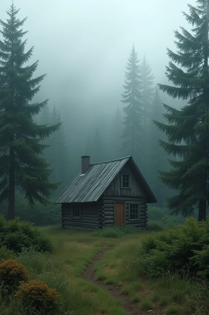 A weathered, isolated cabin surrounded by dense forest with a hint of fog rolling in