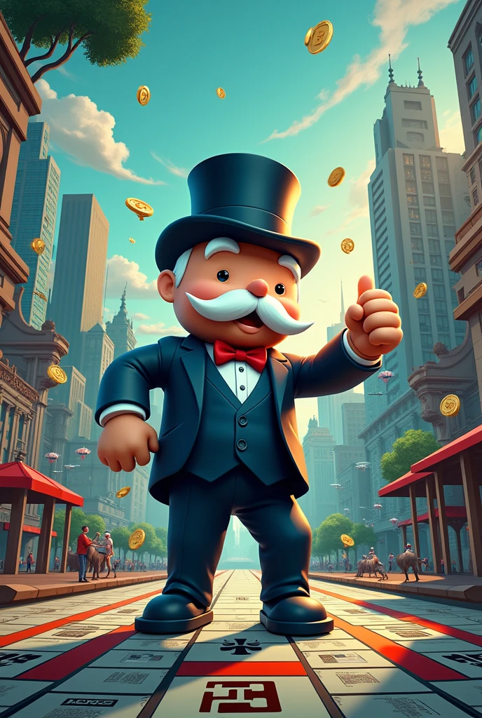 Create me a poster for expo on power bi , crypto, stocks and business analytics with the theme of monopoly game 