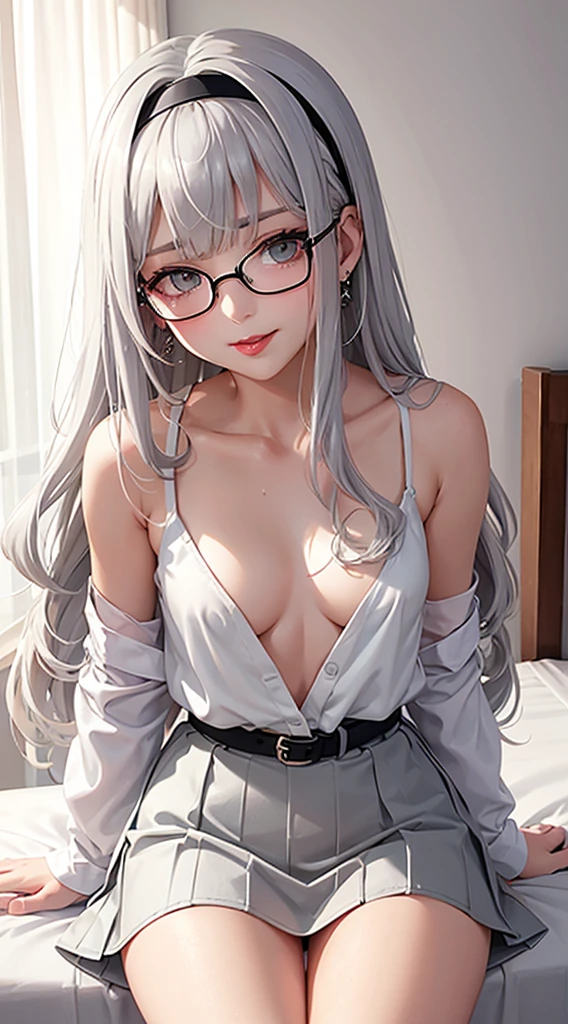 1Girl, 160cm, Solo, Anime, Ideal body, (Cleavage, (Small breast:1.1), (Hard nipples:1.1). Beautiful, Gorgeous, Fresh, Blunt Bangs, (White Grey Hair:1.5),(Straight and Wavy Long Hair:1.3), school, student, mini skirt, shirt, eye glasses, (Sit on bed:1.3). Earrings, Thin Black Headband, Green Accessories, Environmental Details, Bed Room, Natural Light, Modern Bed, Chair, Window, White Curtain, City View. pov, anime style, UHD, retina, masterpiece, accurate, anatomically correct, textured skin. High Resolution, Looking at the viewer, Blush, Best Quality, Award Winning, Accurate, Embarrassed, seductive smile, sweating, Naughty Face, Naughty, Gradient Eye Color, Sexy Pose. Cowboy Shot, licking lips, high class. 