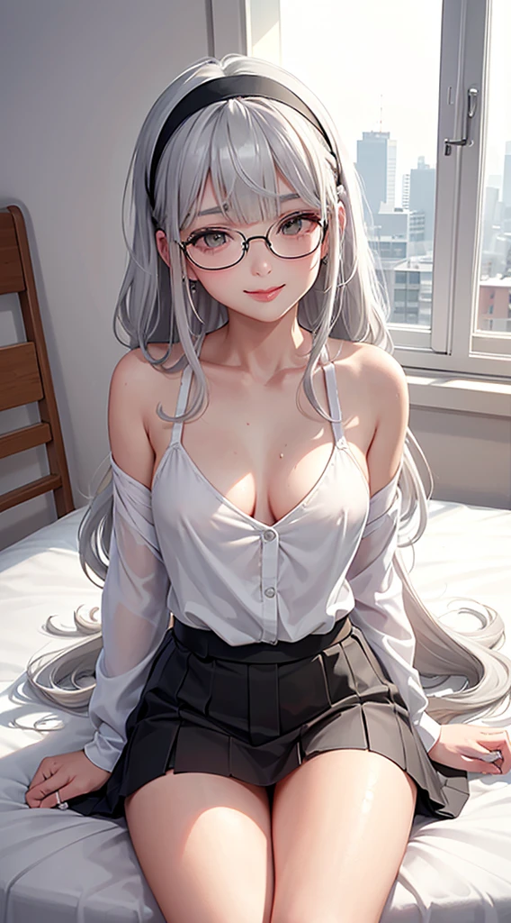 1Girl, 160cm, Solo, Anime, Ideal body, (Cleavage, (Small breast:1.1), (Hard nipples:1.1). Beautiful, Gorgeous, Fresh, Blunt Bangs, (White Grey Hair:1.5),(Straight and Wavy Long Hair:1.3), school, student, mini skirt, shirt, eye glasses, (Sit on bed:1.3). Earrings, Thin Black Headband, Green Accessories, Environmental Details, Bed Room, Natural Light, Modern Bed, Chair, Window, White Curtain, City View. pov, anime style, UHD, retina, masterpiece, accurate, anatomically correct, textured skin. High Resolution, Looking at the viewer, Blush, Best Quality, Award Winning, Accurate, Embarrassed, seductive smile, sweating, Naughty Face, Naughty, Gradient Eye Color, Sexy Pose. Cowboy Shot, licking lips, high class. 