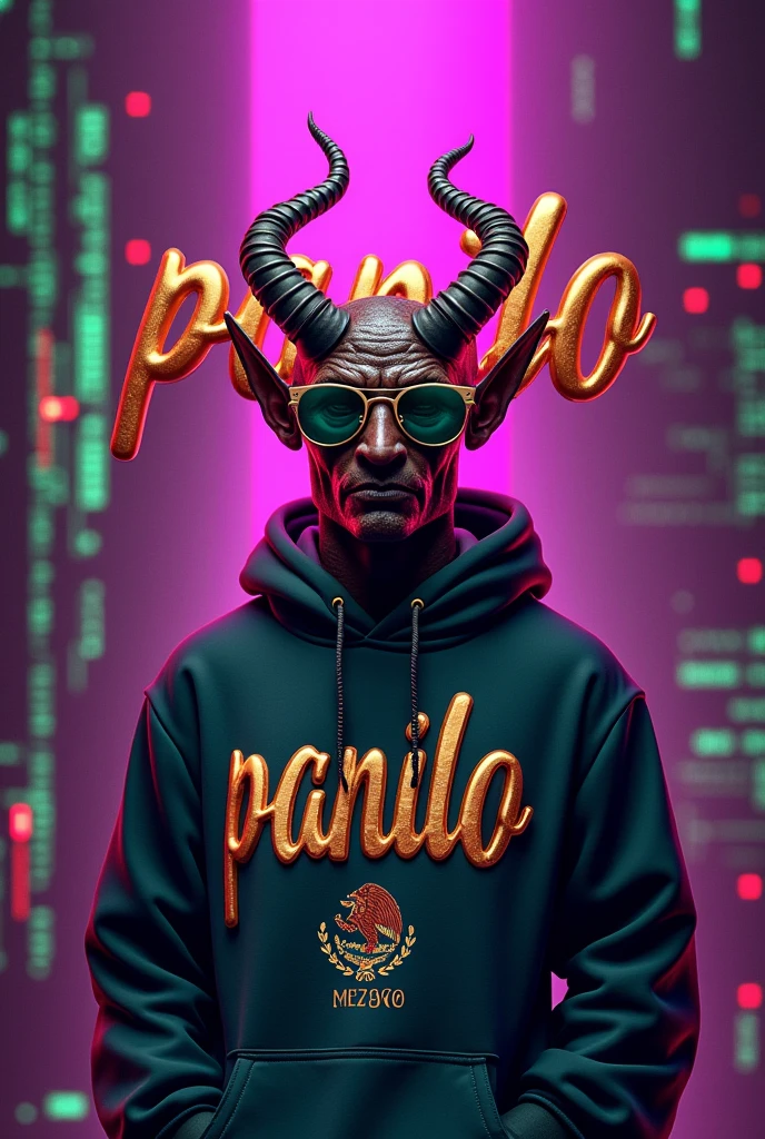 My nickname PANILO IN LARGE 3D LETTERS IN GOLDEN CURSES All purple.
The devil and straw diamond glasses with realistic sweatshirt Mexico. hacker theme and green red and white cyberpunk MATRIX with a laptop and gps