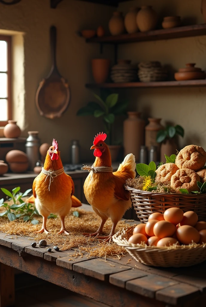 A rustic wooden table is filled with traditional wedding gifts, Typical of a 19th century Costa Rican rural community. Several live chickens are seen, gently tied with natural fiber ropes, ready to be given as gifts. With them, They are baskets full of fresh eggs, carefully placed on straw to protect them. besides, There are several baskets decorated with leaves and flowers, filled with freshly baked biscuits, golden and crispy, that fill the air with their sweet aroma. The scene is set in a traditional kitchen, with adobe walls and clay and wood utensils, which highlights the simplicity and warmth of country life.