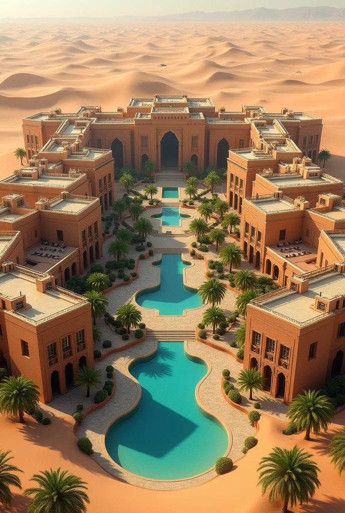 So big desert traditional resort with so many villas and room in it also two big halls in the center of the resort without water pools and fountains