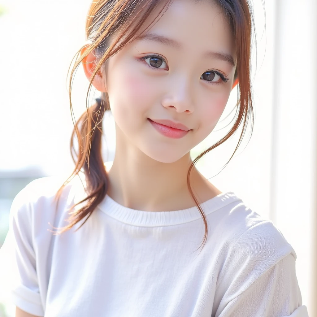 masterpiece, 8k, high resolution, solo, highly detailed face, girl alone, cute, 6 , smile, viewer look, white t-shirt, photo, realistic, best quality, detailed face, white background, diffused lighting, black eyes, black hair shortcut, facing forward, putting the whole face with upper body, narrow eyes