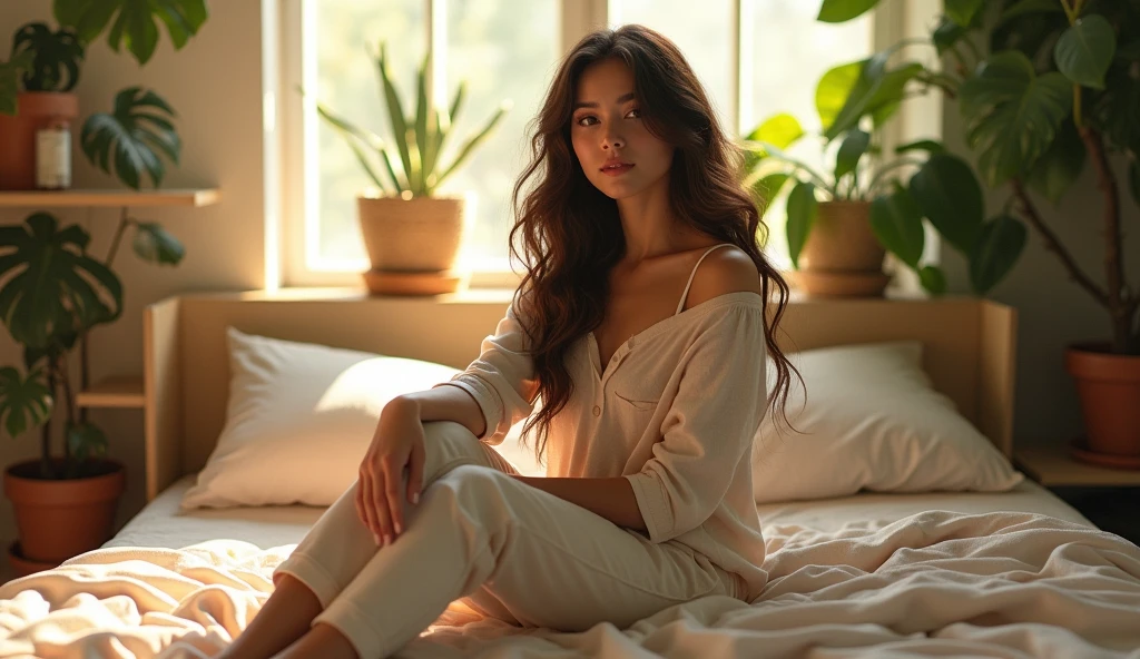(photorealism:1.2), beautiful woman, sitting on bed, wearing loose off-shoulder top, pajama pants, long curly hair, indoors, soft lighting, plants in background, window with sunlight, cozy room, relaxed pose, realistic, intricate details, warm colors, by Greg Rutkowski, by Alphonse Mucha
