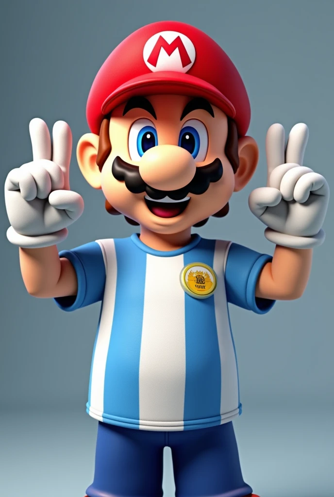 the character mario bross wearing a cap wearing the argentine national team soccer jersey making the number three with his hands
