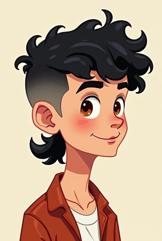 A man with curly hair, 小柄, shaved on the side in gradient, black color, in mullet cut type,white skin color and teenager, eyes browns, in cartoon style