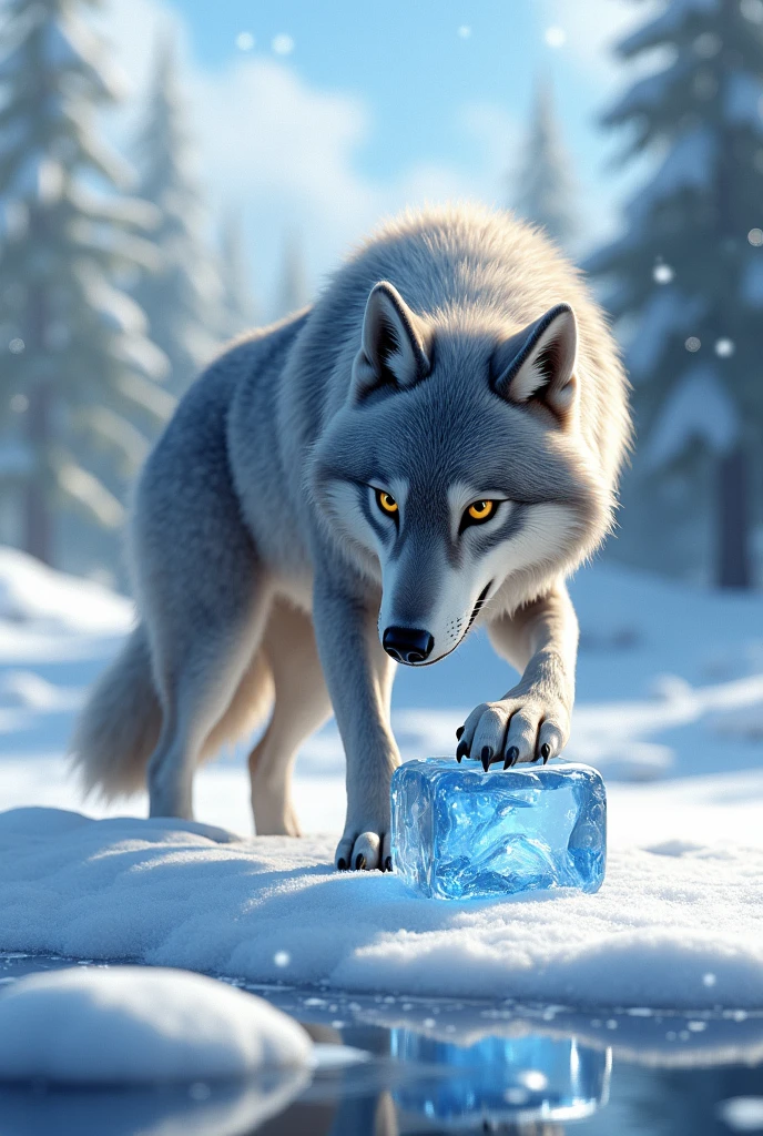 Wolf plying with ice cube