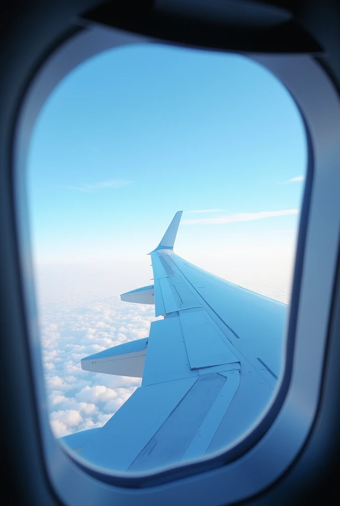 Airplane window showing wing and sky