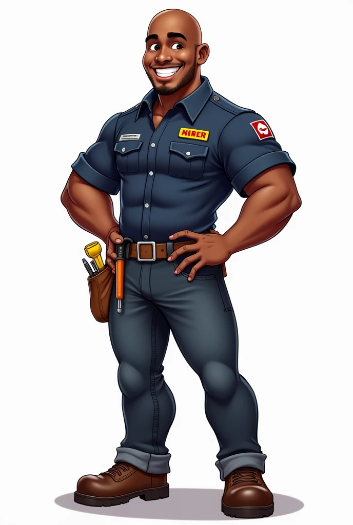 No beard Ideal weight As if it were a cartoon character - **cor da pele:** Negro
- **body hair:** Bald - **eyeballs:** smiling - **badass clothing:** Dark blue work shirt, with front pockets and an embroidered name; dark jeans; and safety boots.
- **Accessories:** A tool belt with various tools, like a screwdriver, a hammer and a tape measure.
- **stance:** standing, with one hand on the waist and the other holding a tool.
