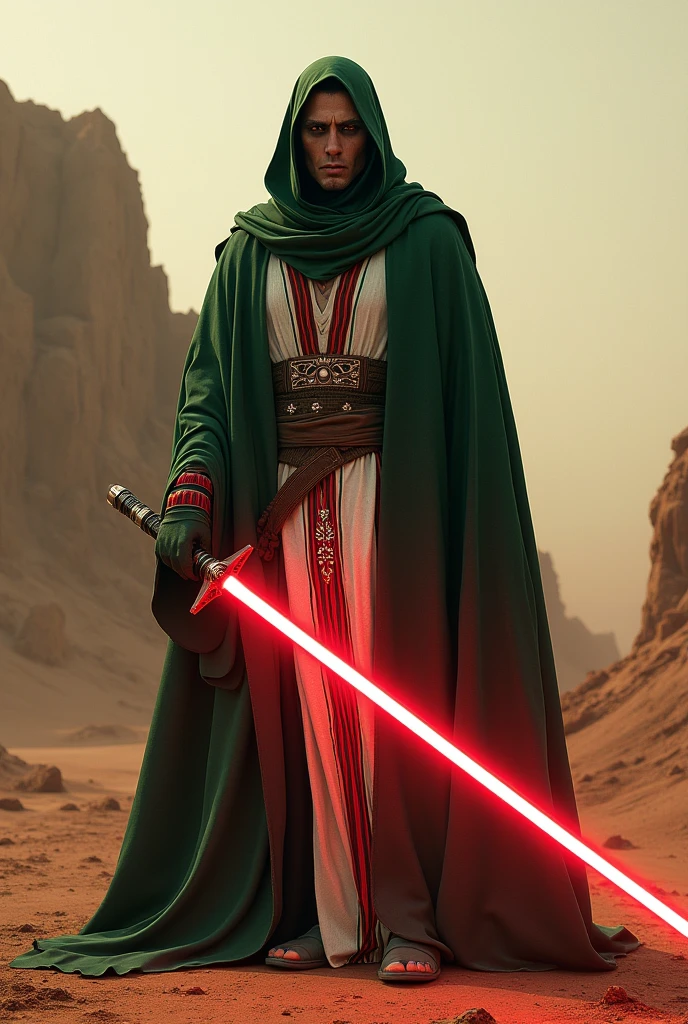 The country mexico as a Sith Lord from Star Wars,  no Person but anthing else, colors green,white, red, brown, red lightsaber, scary, frightening, ultra-realistic