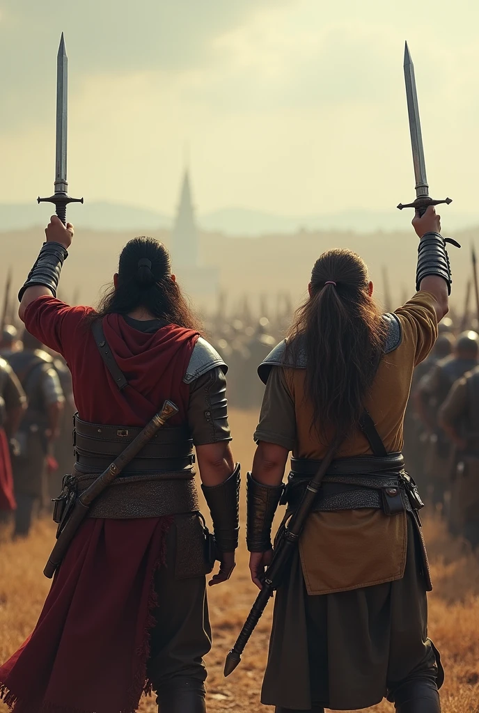 Two warriors standing in front of enemy army holding pen as their weapons 