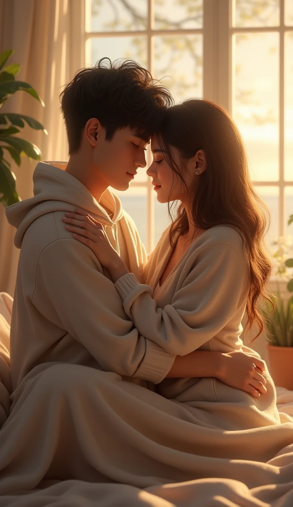 The couple (young mana and woman )  in a warm embrace, perhaps in a cozy setting like a living room or outdoor space. One person could rest their head on the other’s shoulder, emphasizing a sense of security and affection.