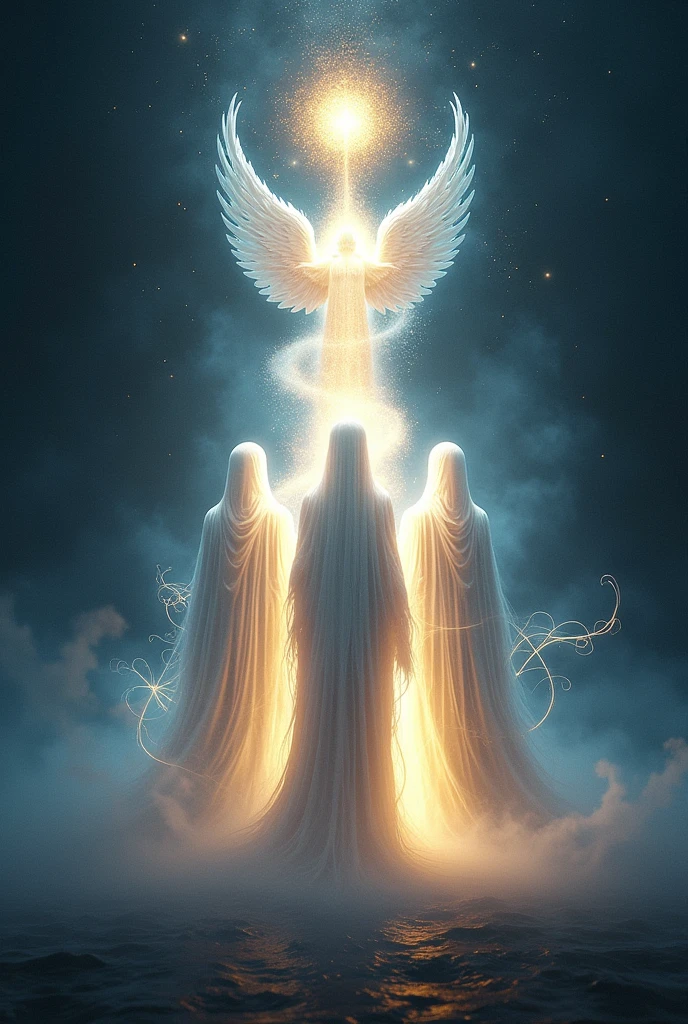 several angels of evil and good guarding a person in an astral temple seeing the 1 Asian human being who is guarding him
