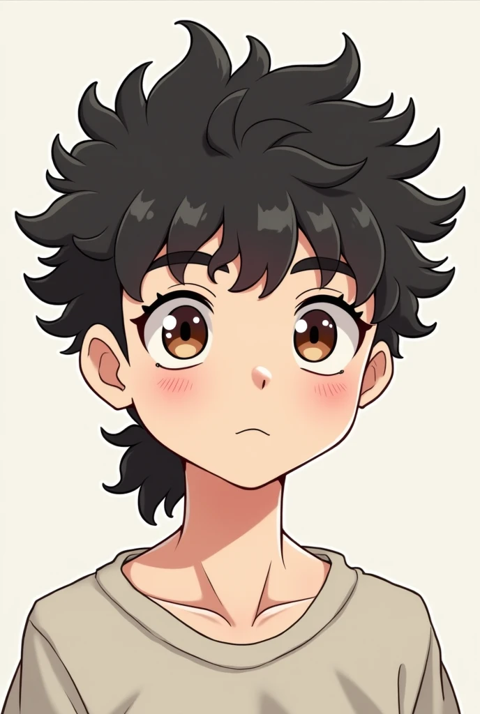 A man with very curly hair, 小柄, shaved on the side in gradient, black color, in mullet cut type,white skin color and teenager, eyes browns, in cartoon style