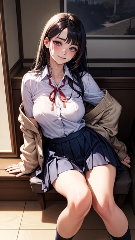 (masterpiece:1.2, Highest quality), (Realistic, photoRealistic:1.4), Beautiful illustrations, (Natural Side Lighting, Cinema Lighting), , (View your viewers), 1 person, Japanese, high school girl, Perfect Face, Cute and symmetrical face, Glowing Skin, skinny, (Long Hair, Straight hair, Black Hair), Swept-apart bangs, Duck Purple Eyes, Droopy eyes, Long eyelashes, (Large Breasts:0.6), Five Fingers, Flower Hair Ornaments, Beautiful Hair, Beautiful Face, Beautiful attention to detail, Beautiful clavicle, Beautiful body, Beautiful breasts, Beautiful thighs, Beautiful feet, ((Symmetrical clothing, White collared shirt, Navy Pleated Skirt, Red neck ribbon)), Light Gray Cardigan, Navy Socks, (Beautiful views), Daytime, Shopping mall, (Cute smile, Upward glance, Sexy pose)、Ahegao、Drooling、Pussy juice、Sweat、Real、Nipples、Pussy juice、Sleeping Back