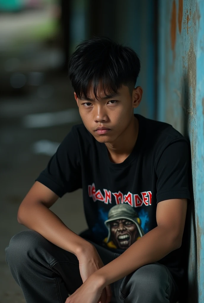 Indonesian boy, twelve years old, sitting alone, wearing black hoodie with cool expression