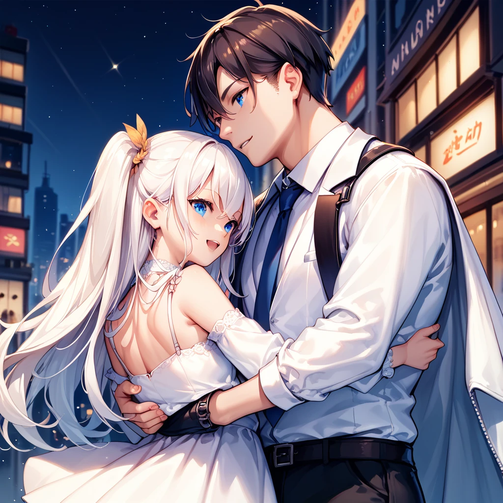 A white-haired, blue-eyed man in a white suit carries a young girl on his shoulder with her back turned in the middle of the city at night.