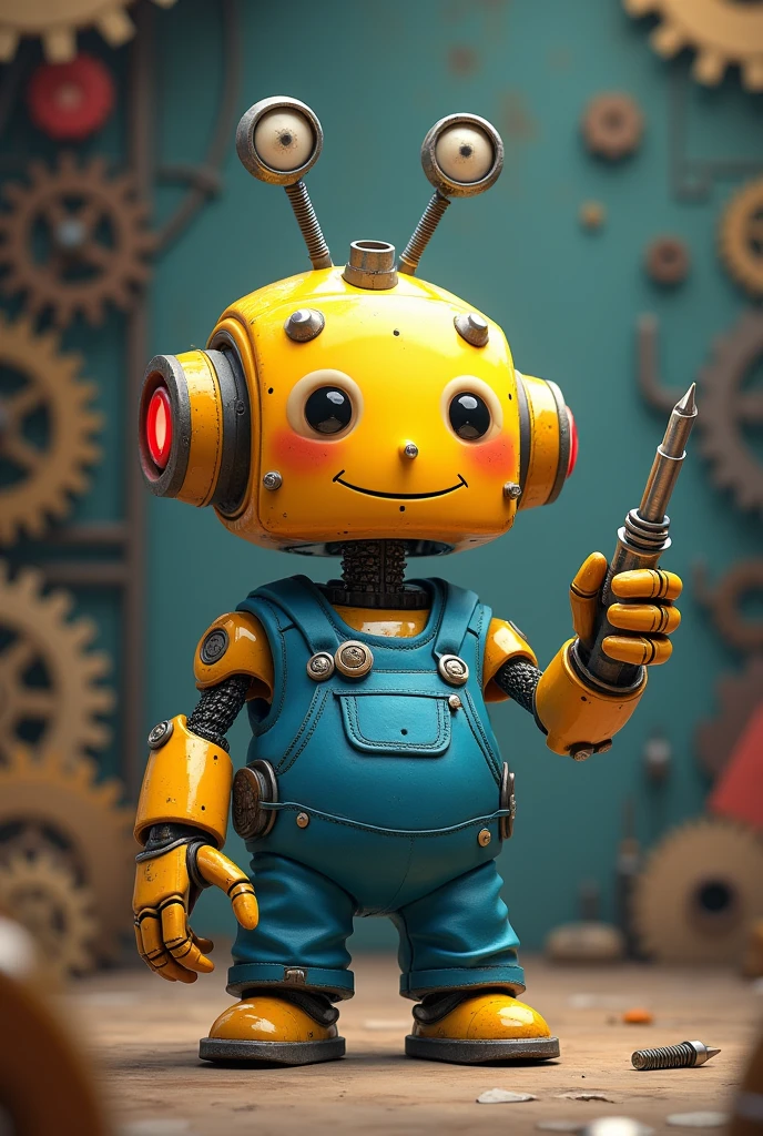 Make a Disney-style mechanical character with a blue jumpsuit and a screwdriver in his hand 