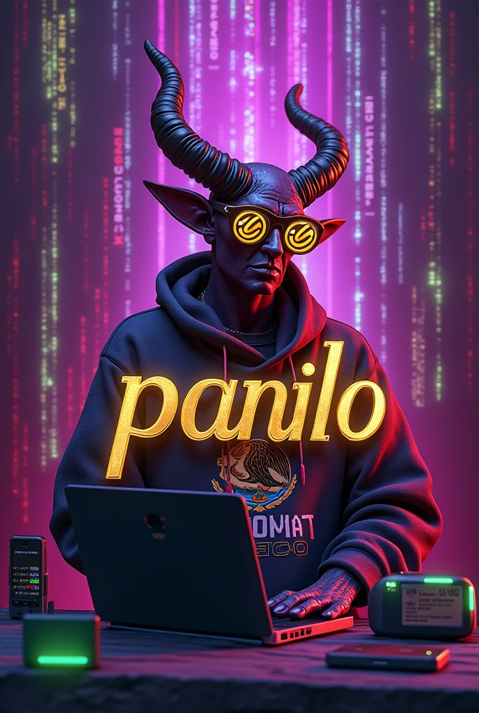 My nickname PANILO IN LARGE 3D LETTERS IN GOLDEN CURSES All purple. 
The devil and straw diamond glasses with realistic sweatshirt Mexico. hacker theme and green red and white cyberpunk MATRIX with a laptop and gps