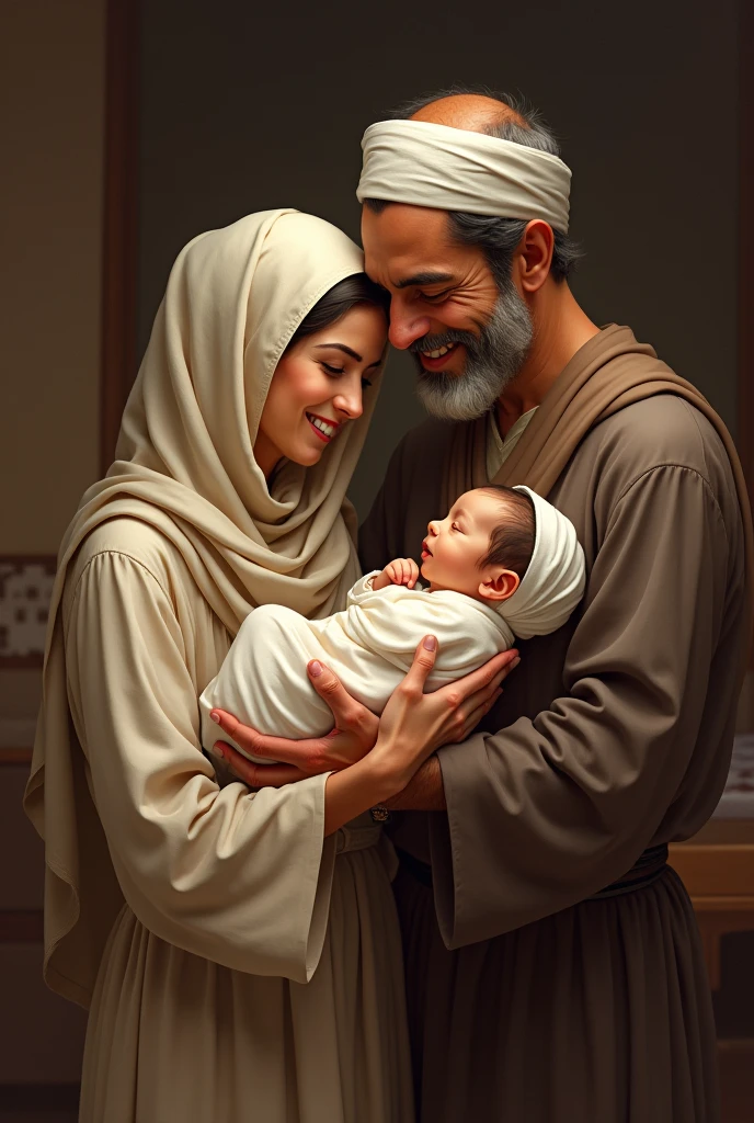 Hazrat Zakariya and his wife holding their newborn son, Hazrat Yahya, with joy and gratitude on their faces.