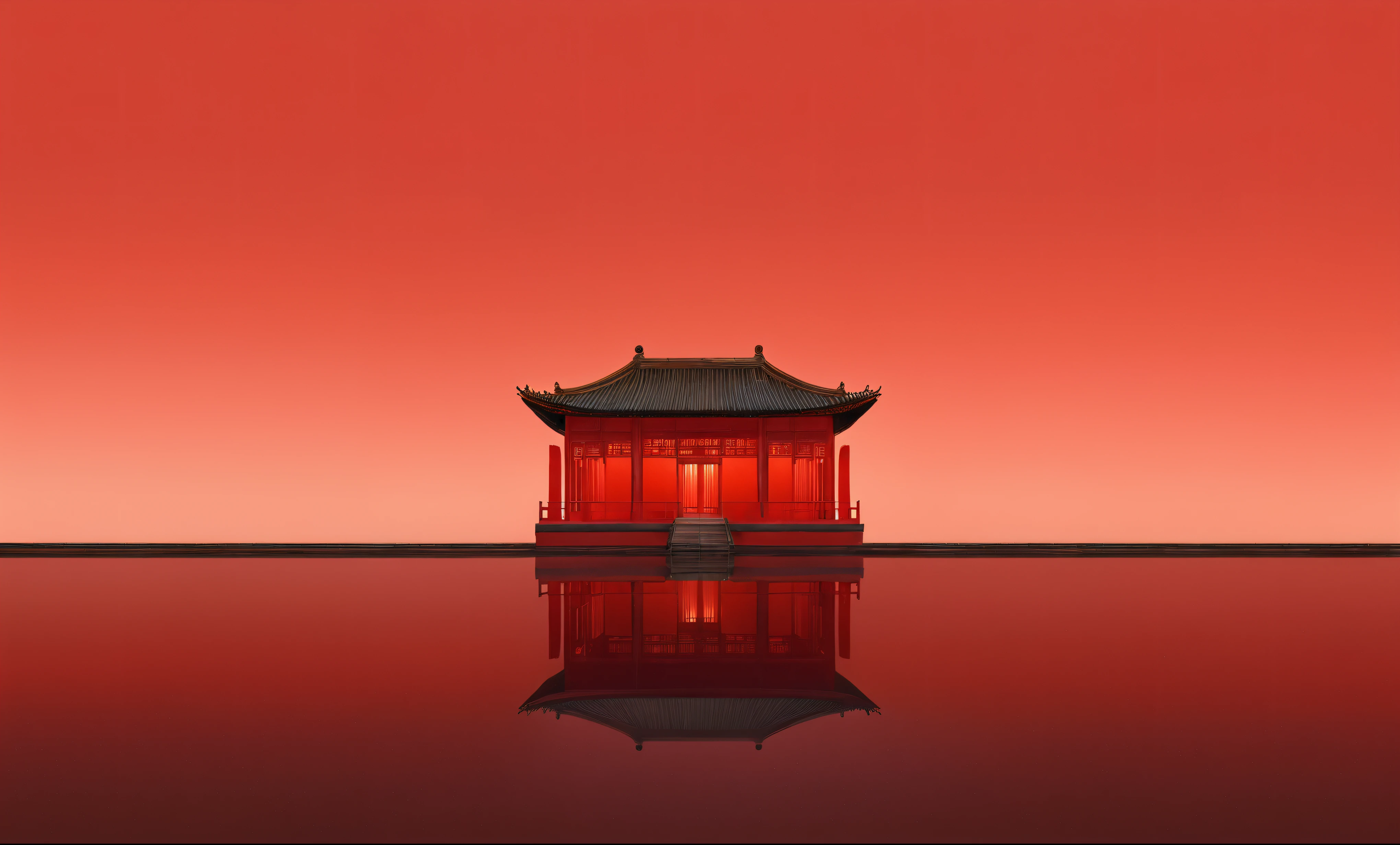 Reflection of red building, zen Temple Background, Quiet,mystery;More complex and concise details; Depicting the background of the temple, Temple Background, Chinese Architecture, red reflections, Chinese Palace, Chinese Architecture, Palace on the water, Beijing, Chinese, 3840x2160, 3840 x 2160;Ultra-clear quality。