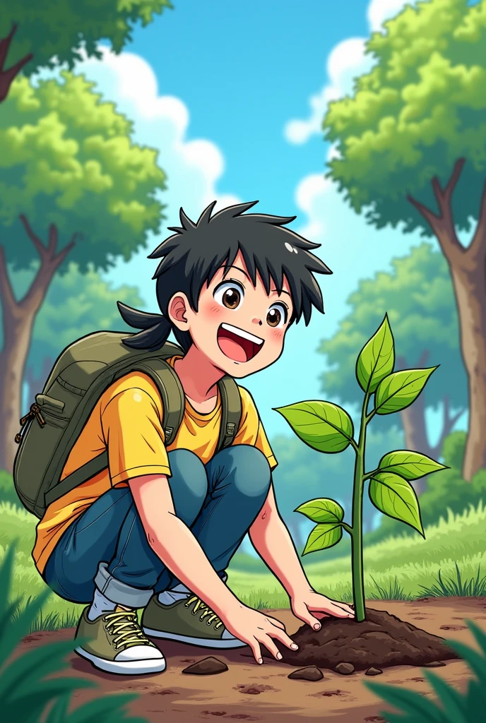Give me an environmentally friendly manga style image,planting a tree 