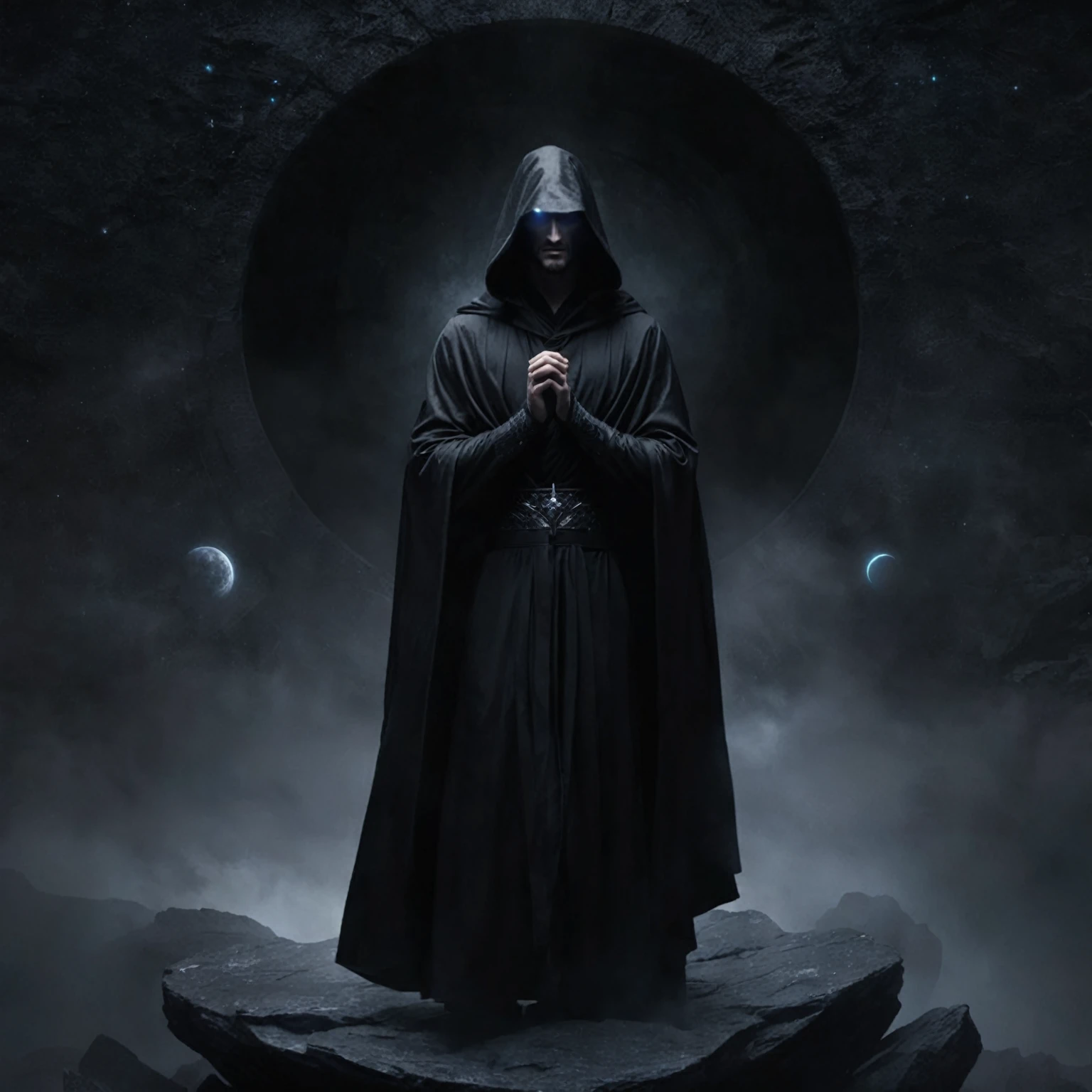 arafed image of a man in a robe standing on a rock, hooded cloaked sith lord, dark hooded wraith, dark cloaked necromancer, dark robe, dark robed, dark cloaked figure, wearing dark robe, dark flowing robe, dark sci-fi art, dark robes, guillem h. pongiluppi