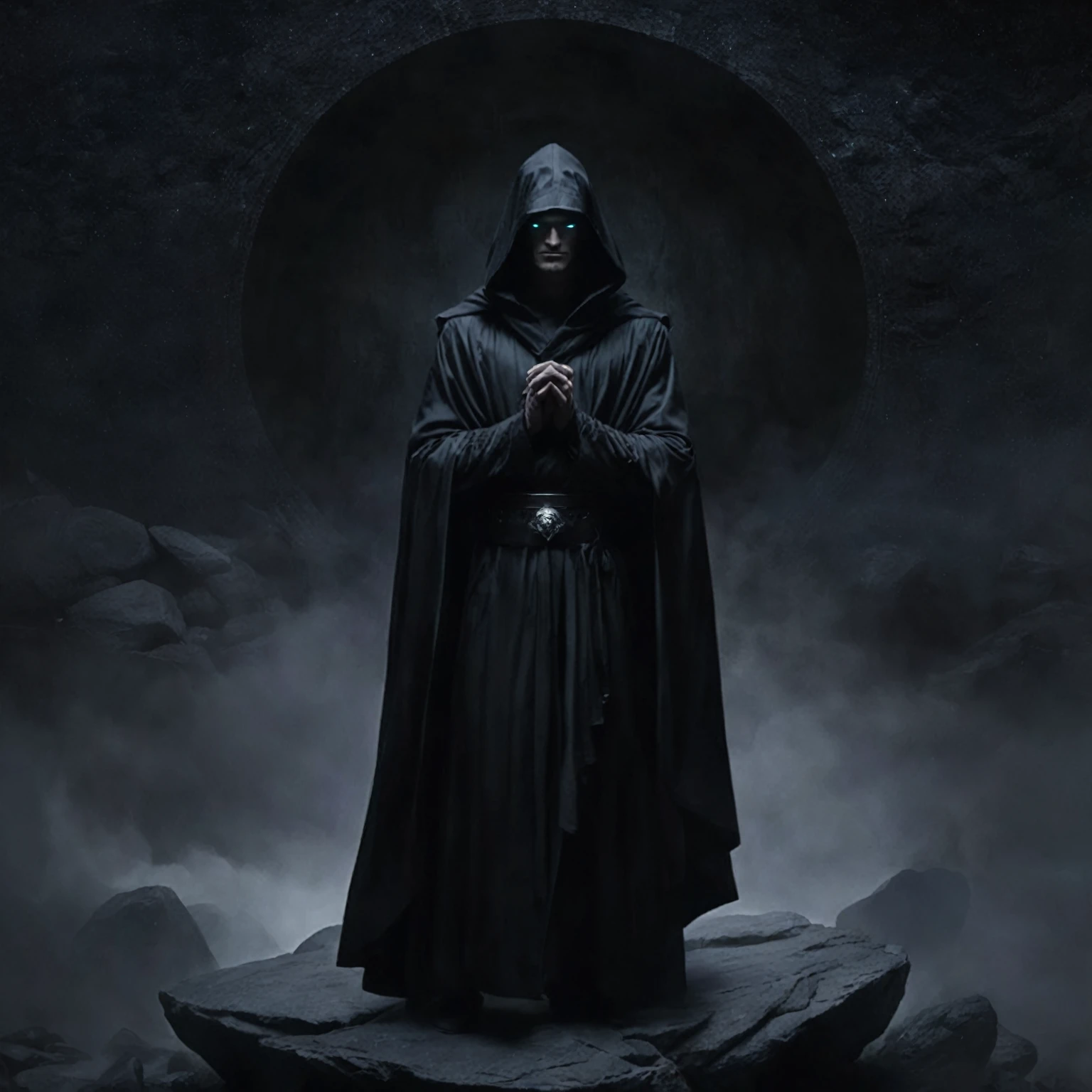 arafed image of a man in a robe standing on a rock, hooded cloaked sith lord, dark hooded wraith, dark cloaked necromancer, dark robe, dark robed, dark cloaked figure, wearing dark robe, dark flowing robe, dark sci-fi art, dark robes, guillem h. pongiluppi