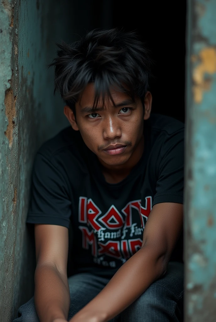 Original photo. An Indonesian young man wearing a black Iron Maiden t-shirt with a crying expression sitting in the corner of a narrow alley. Ultra-realistic 8K photo, taken with Leica Q2, strong color contrast and sharp clarity --ar 9:16 --quality 2 --