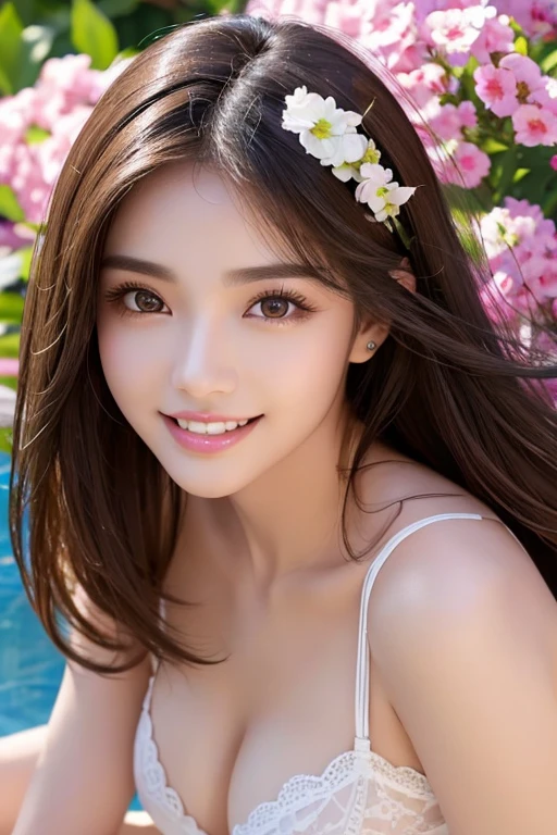 Her face is detailed and beautiful、The model's face、The eyes are detailed and beautiful、The nose is detailed and beautiful.、The ears are detailed and beautiful.、Detailed finger count、Detailed arm count、Detailed number of bars、The mouth is detailed and beautiful.、The white teeth are detailed and beautiful.、Skin is detailed and beautiful、Animal print underwear、Her figure is full of high quality and luxurious elements.、Highly detailed and rendered in ultra-realistic 8K resolution。Perfect Face、Beautiful expression、Her beautiful eyes stand out、Wet brown hair、Large Breasts、Wearing shiny clothes、The skin is perfect and clean、It is a professional artwork.、It has a luxurious feel that can be called a masterpiece.、Finished in the highest quality 4K。smile、Show white teeth、Beautiful teeth alignment、Full body photography、Background Oasis、Lying down facing the camera、Spread your legs towards the camera、遠くからFull body photography、