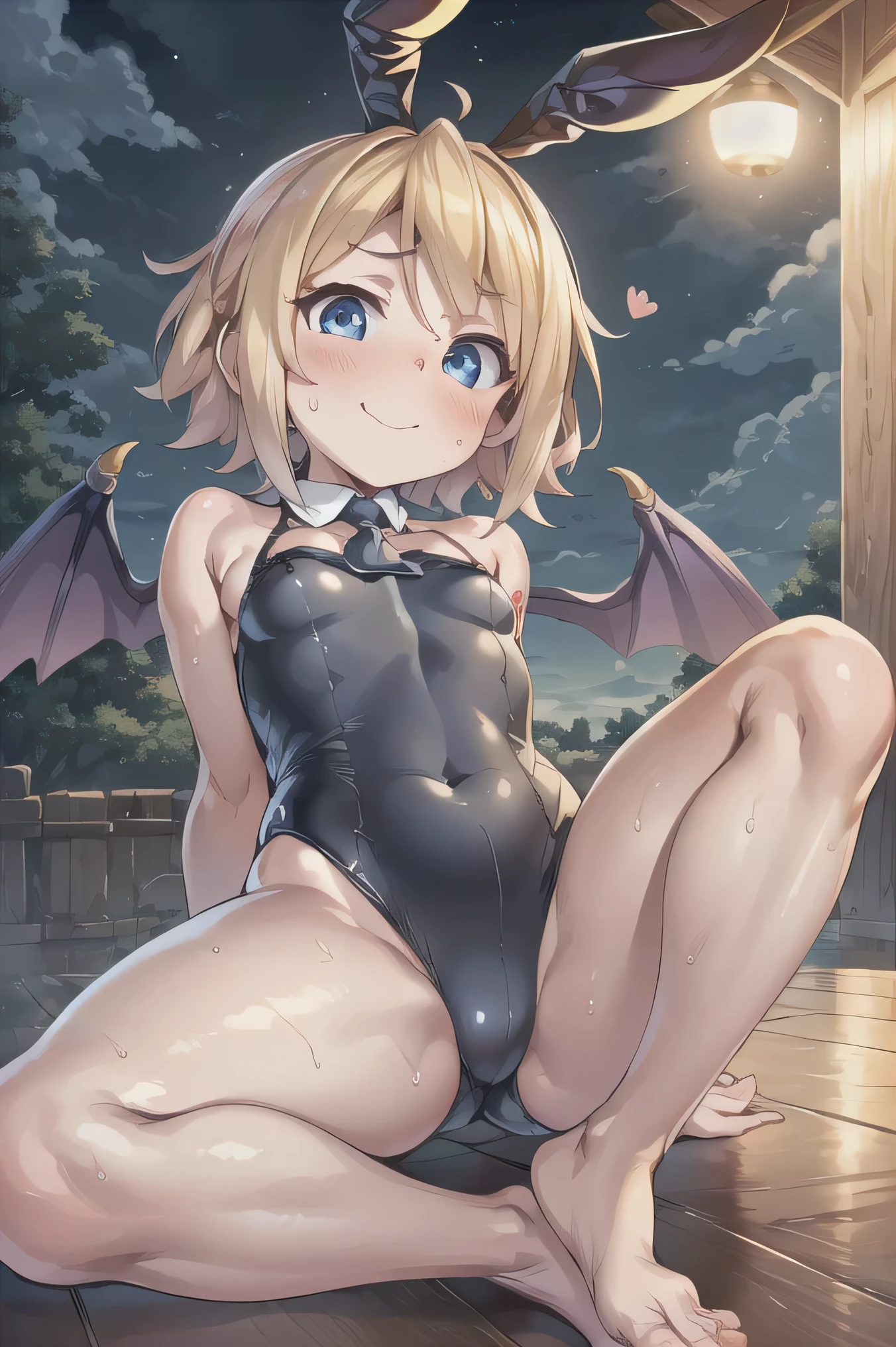 (((masterpiece))), ((Highest quality)), (Very detailed), ((High resolution)), ((8k)), ((Anatomically correct)), A very cute person, Baby Face, (Young face), (Small breasts), (Kagamine Rin), Short Hair, Blonde, Letting down your bangs, (Short), (Petite), Charming smile, Light blue eyes, Best moment, Delicate arms, Detailed skin texture, Intricate details, Very detailedな顔, Beautiful thighs, Beautiful curves, (Sweating), ((Bunny Suit)), ((With devil's wings on my back)), Looking up, Under the night's canopy, Love your audience, (heart), The whole body is visible, You're inviting your audience, (barefoot),