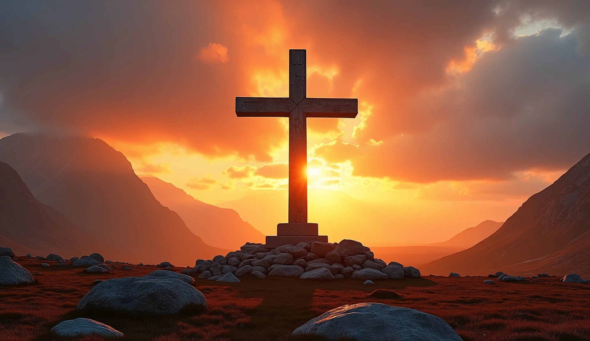 A striking photograph showcasing a large cross middle positioned outdoors in a Scandinavian landscape, illuminated by the vibrant hues of sunrise. The scene exudes a dramatic ambiance, accentuating the solemnity and spiritual significance of the cross. Camera Settings: The photograph is meticulously composed with a medium f-stop, ensuring clarity in capturing the intricate details of the large cross and the expansive landscape. The shutter speed is adjusted to seize the dynamic lighting of the sunrise, preserving the dramatic atmosphere of the scene. A low ISO rating maintains image quality, enhancing the richness of colors and textures. Volumetric Lighting: Dramatic sunlight bathes the scene, casting long shadows and creating a captivating play of light and shadow. The golden hues of sunrise infuse the landscape with warmth and depth, emphasizing the symbolic importance of the cross against the backdrop of nature.