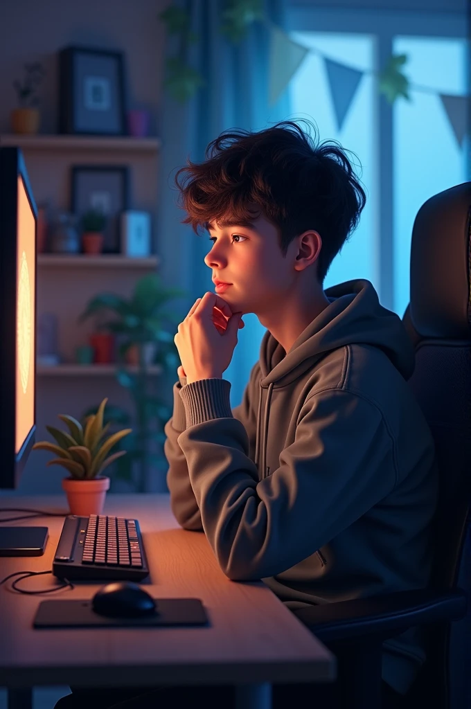 gamer boy, calm, soft, 23 years old, sitting in front of pc, in thought