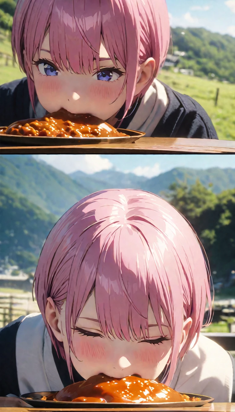 (Highest quality, 4K, 8k, High resolution, masterpiece:1.2), Very detailed, Picturesque, Animated photos, Photo Animation:1.37)、Japanese、(Pink Hair)、(Pixie Cut)、Eating curry、Nakano Ichika