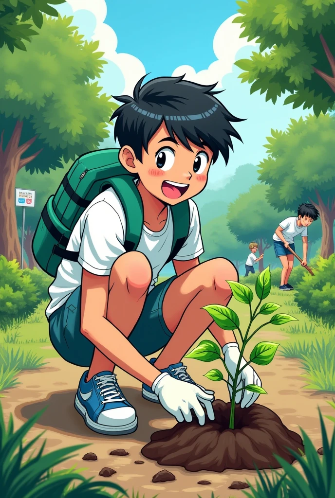 Give me an environmentally friendly manga style image,planting a tree